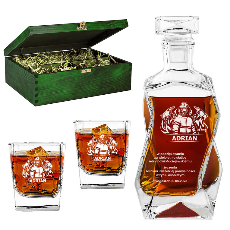 Prezent dla strażaka – zestaw do nalewek i whisky z grawerem. EMERYTURA