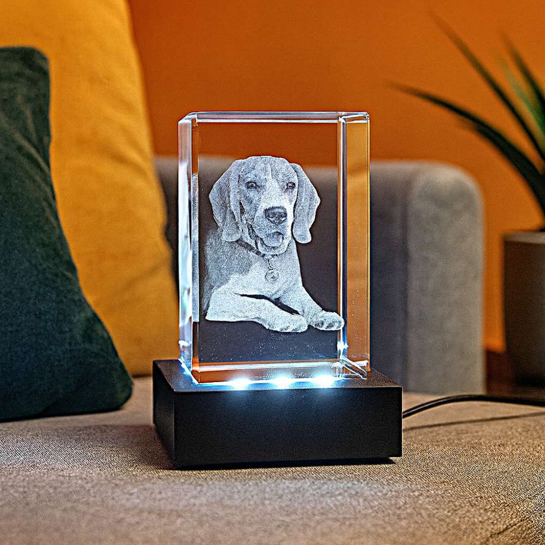 Kryształowa fotolampka 3D mała z pupilem – pamiątka po psie lub kocie z podstawką LED