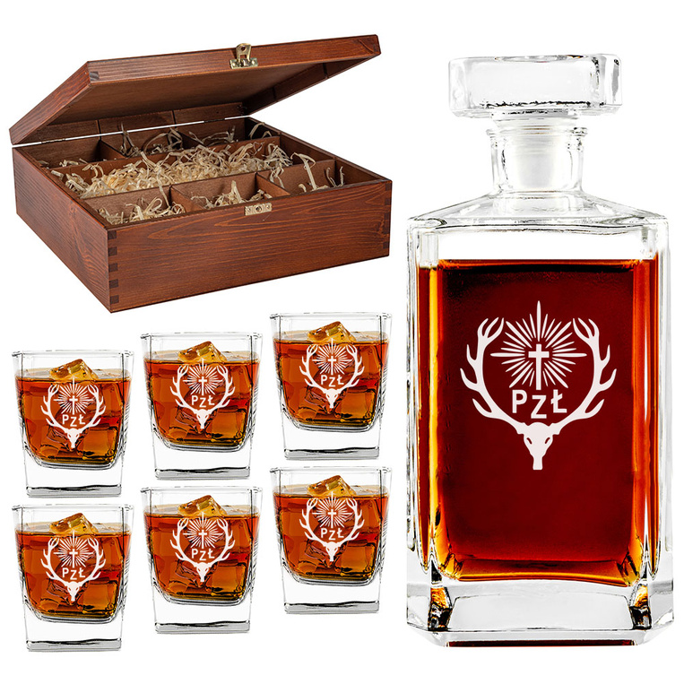 Karafka i 6 szklanek grawerowane logo Polski Związek Łowiecki