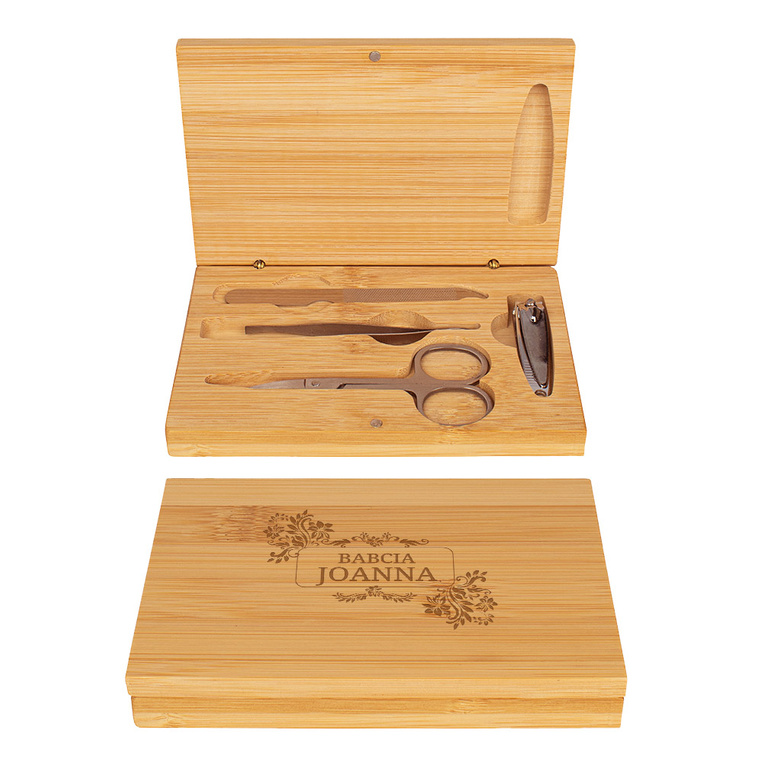 GRAWEROWANY zestaw do manicure w bambusowym etui NA PREZENT DLA BABCI