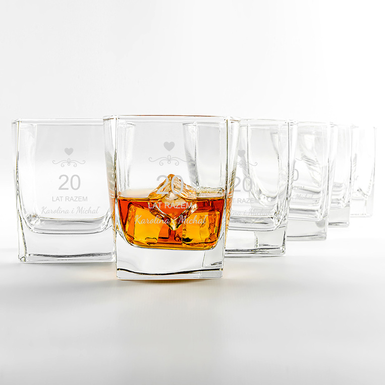 6 szklanek do whisky z grawerem z okazji PORCELANOWEJ ROCZNICY - 20 lat razem