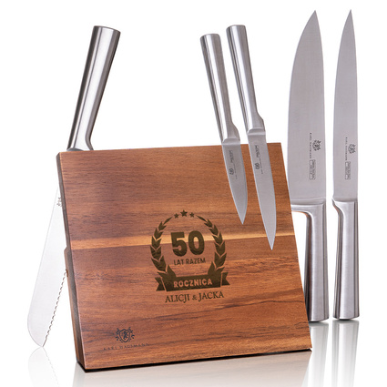 Zestaw noży w bloku z grawerem – prezent na ZŁOTE GODY z personalizacją
