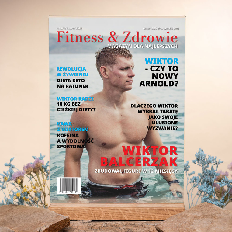 Statuetka z nadrukiem – Okładka „Fitness & Zdrowie” | Prezent dla faceta fit