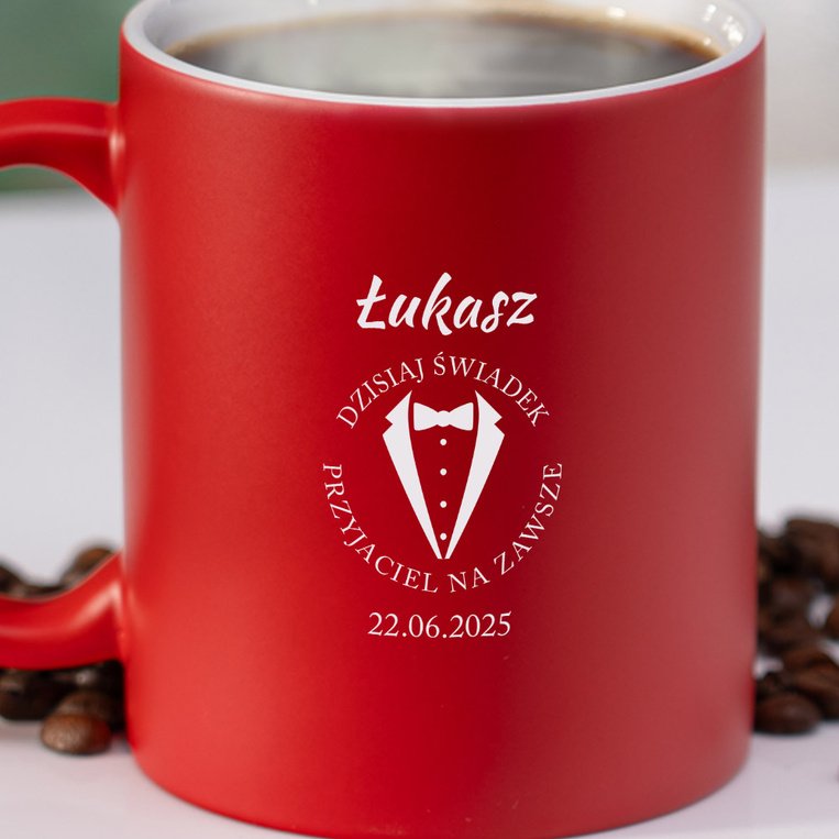 Czerwony kubek z grawerem DLA ŚWIADKA– podziękowania od pary młodej
