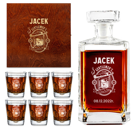 KARAFKA i 6 SZKLANEK DREWNIENE ETUI z grawerem na prezent DLA NIEGO