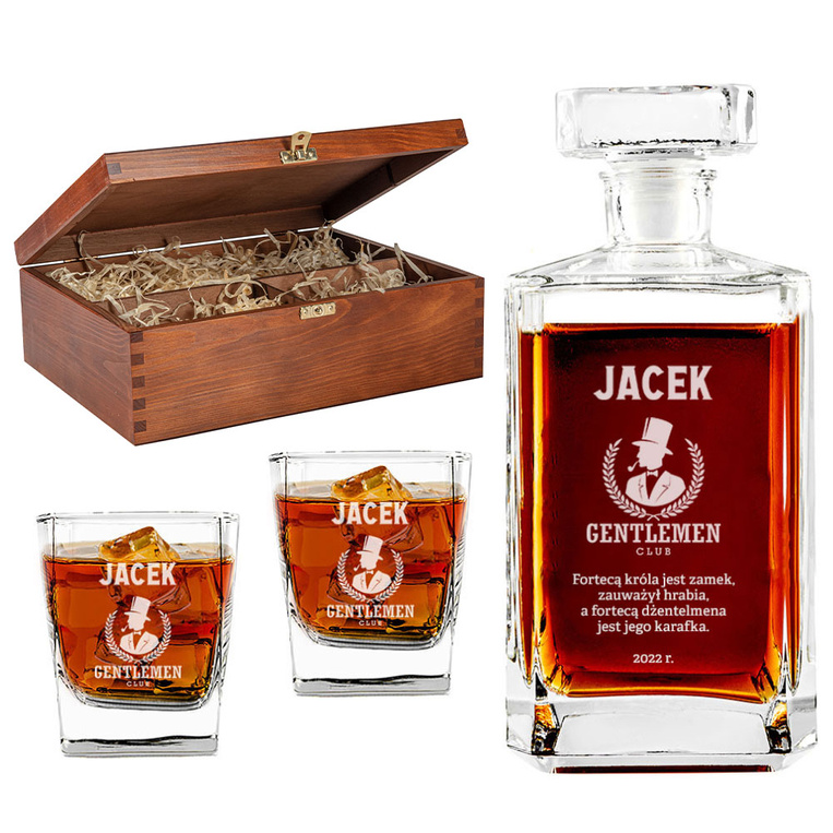 GRAWEROWANY ZESTAW DO WHISKY karafka i 2 szklanki w drewnianym pudełku DLA NIEGO