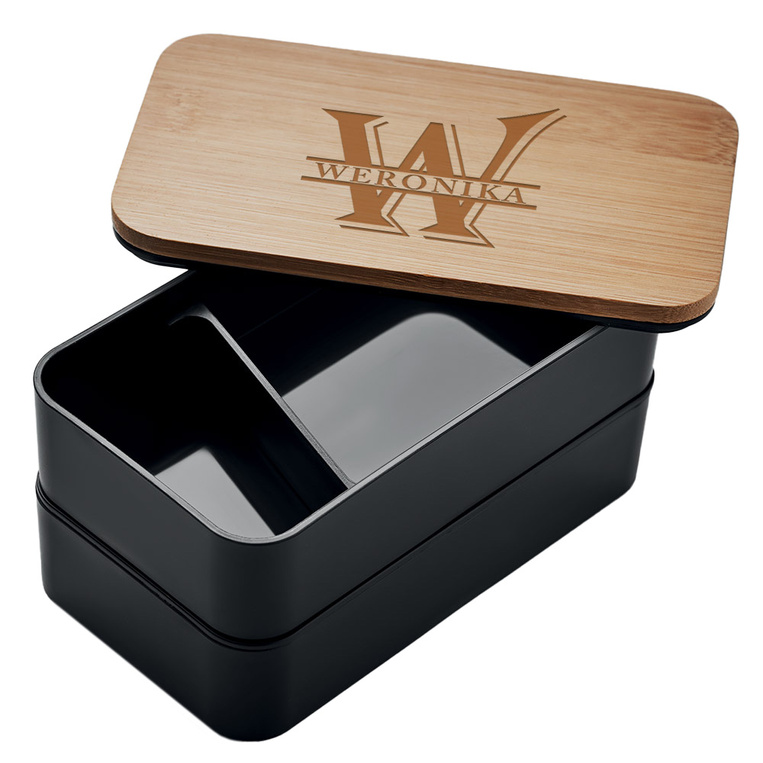 Czarny lunch box z monogramem i imieniem – elegancki prezent dla niej
