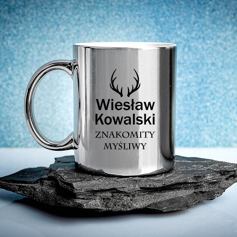 Kubek srebrny z nadrukiem ZNAKOMITY MYŚLIWY + IMIĘ