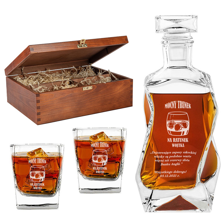 Karafka łamana ze szklankami w drewnianej skrzynce DLA NIEGO