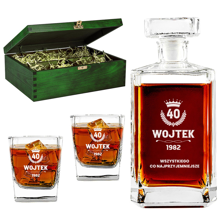 Prezent na 40 urodziny – personalizowana karafka i szklanki w skrzynce
