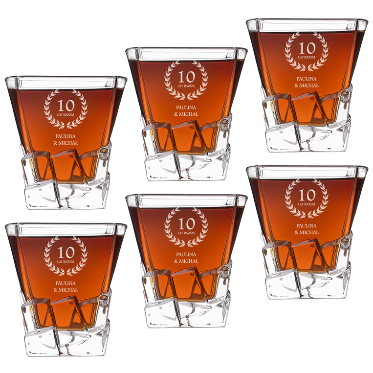 Komplet 6 szklanek z grawerem na 10 ROCZNICĘ ŚLUBU w drewnianej skrzynce