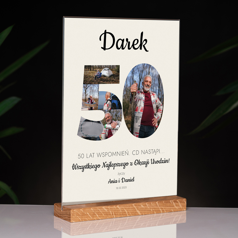 Statuetka z plexi z drewnianą podstawką 21x30 cm – Prezent na 50 urodziny