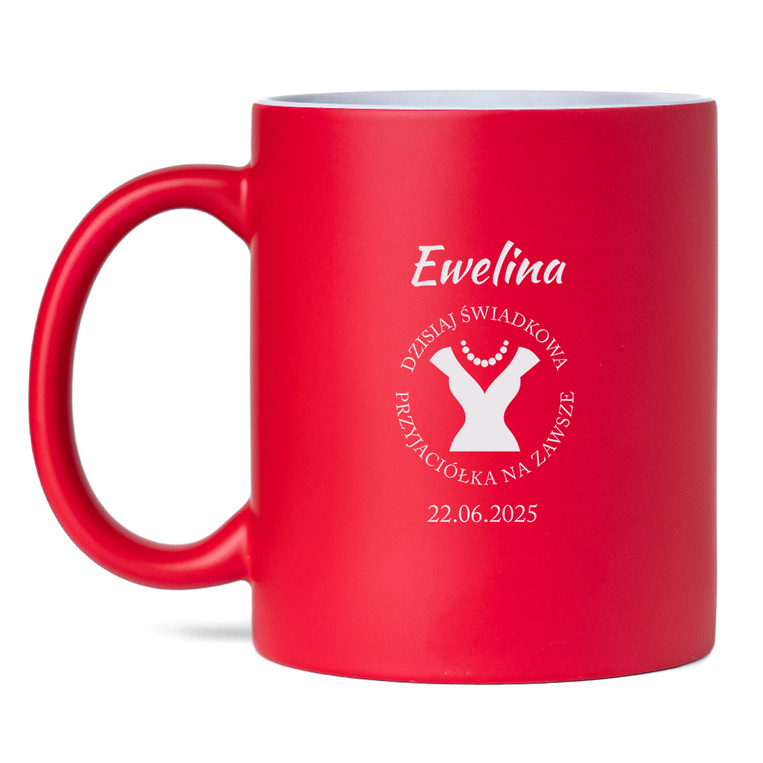 Czerwony kubek z grawerem DLA ŚWIADKOWEJ – imię, data i dedykacja