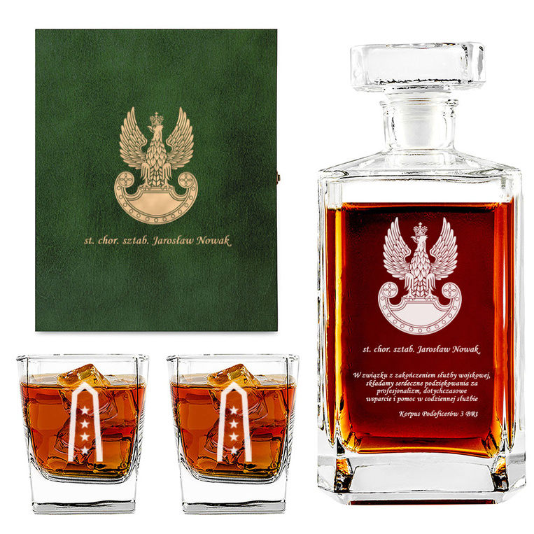 Personalizowana karafka prosta i 2 szklanki – prezent dla żołnierza EMERYTURA