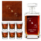 GRAWEROWANY KOMPLET karafka i 6 szklanek w drenianym etui NA ROCZNICĘ ŚLUBU