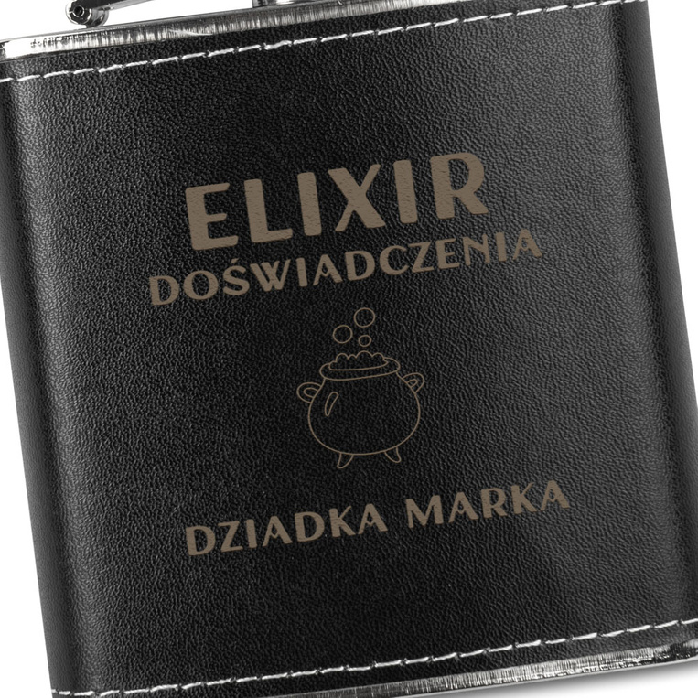 Piersiówka w skórze z grawerem ELIXIR DOŚWIADCZENIA DZIADKA + IMIĘ