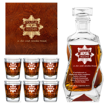 PERSONALIZOWANY ZESTAW karafka i 6 szklanek do whisky DLA POLICJANTA EMERYTURA AWANS