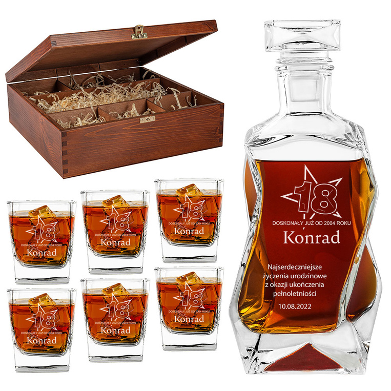 ZESTAW Z GRAWEREM KARAFKA i 6 SZKLANEK drewniane etui NA 18 URODZINY