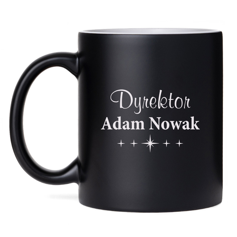 Czarny kubek z grawerem dla Dyrektora – personalizowany tekst