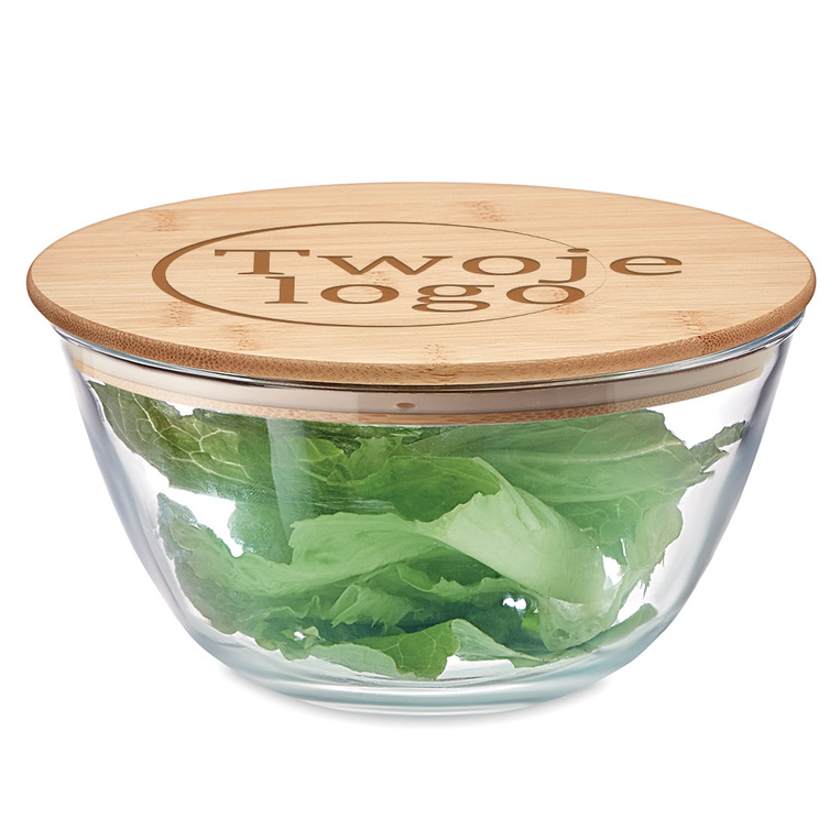 Szklana salaterka z bambusowym wieczkiem Grawer Twojego Loga