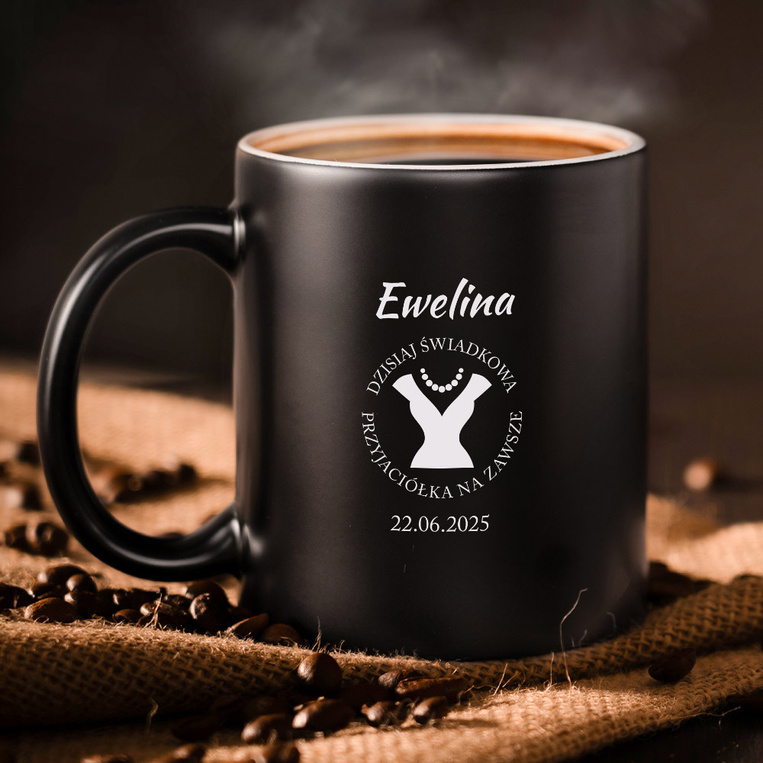 Czarny kubek z grawerem PODZIĘKOWANIA DLA ŚWIADKOWEJ