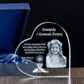 Pamiątka I Komunii Św. - zdjęcie 3D wygrawerowane w krysztale. TWOJA DEDYKACJA