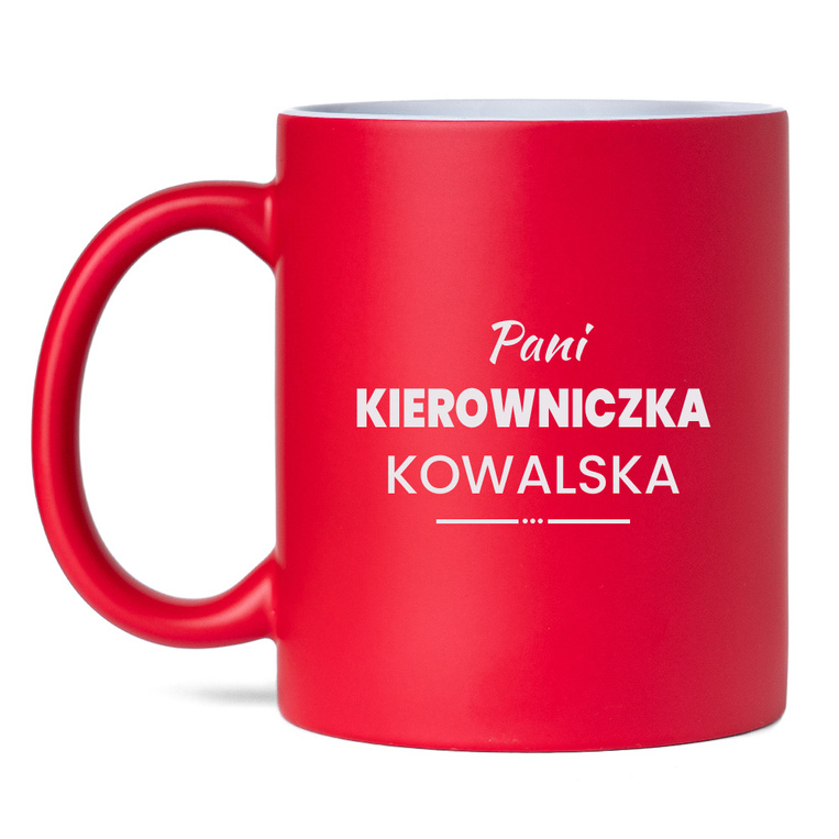 Czerwony kubek z grawerem „Pani Kierowniczka” – personalizowany