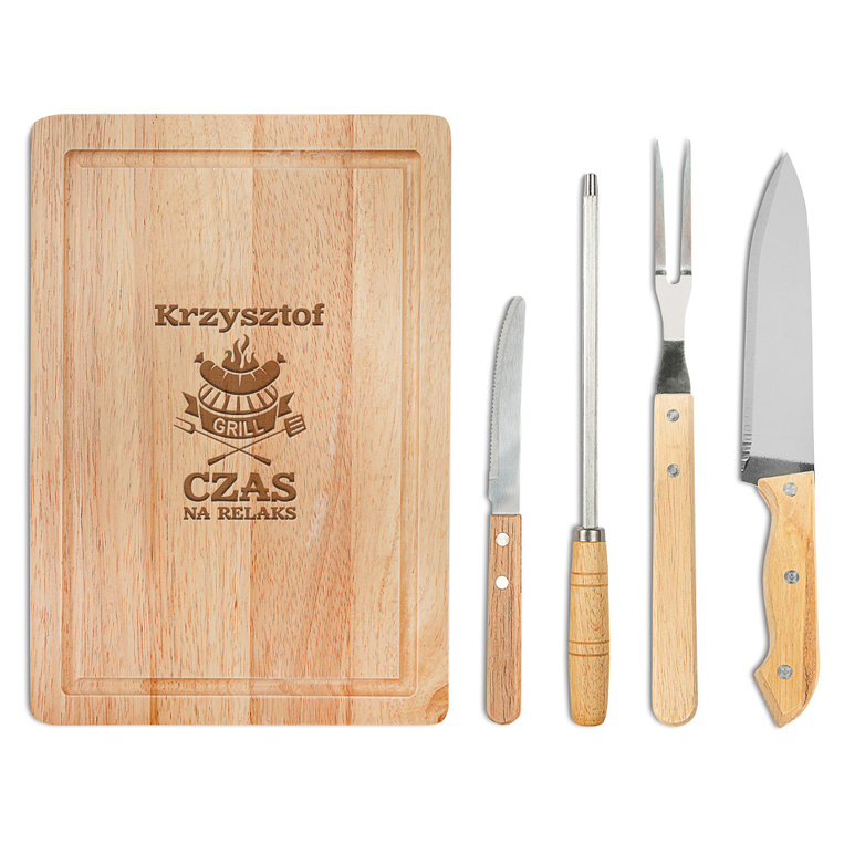 Zestaw do grilla z grawerowaną deską CZAS NA RELAX + IMIE