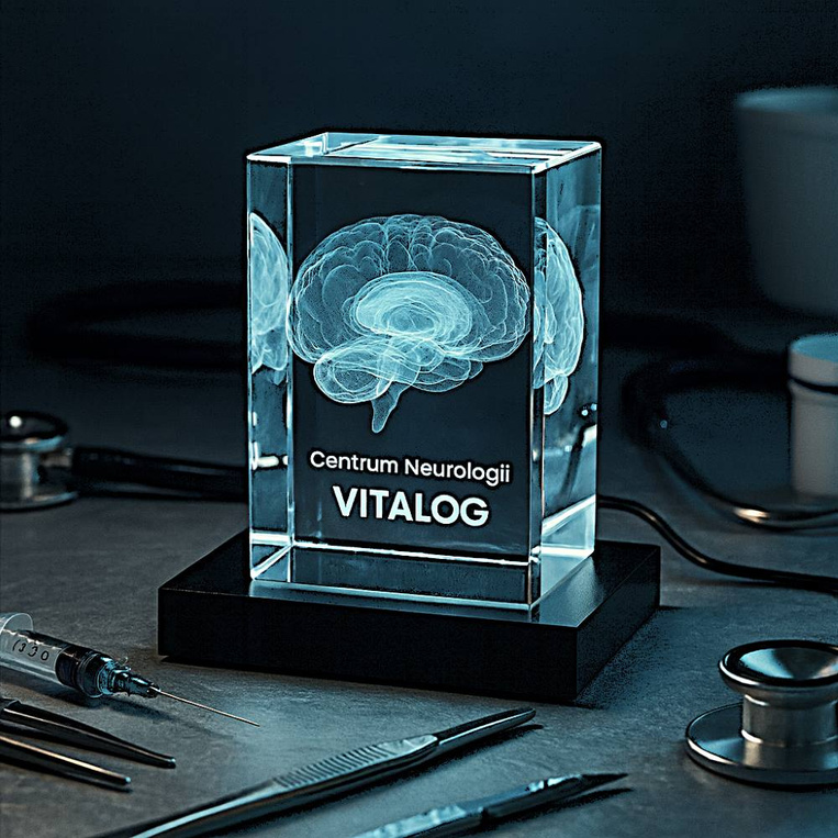 Statuetka szklana 3D Mózg z grawerem i podstawką LED – prezent dla lekarza lub neurologa