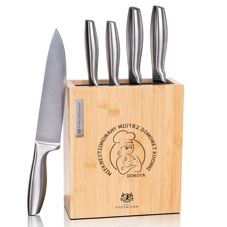 Zestaw 5 noży w bambusowym bloku i grawerem – PREZENT DLA NIEJ