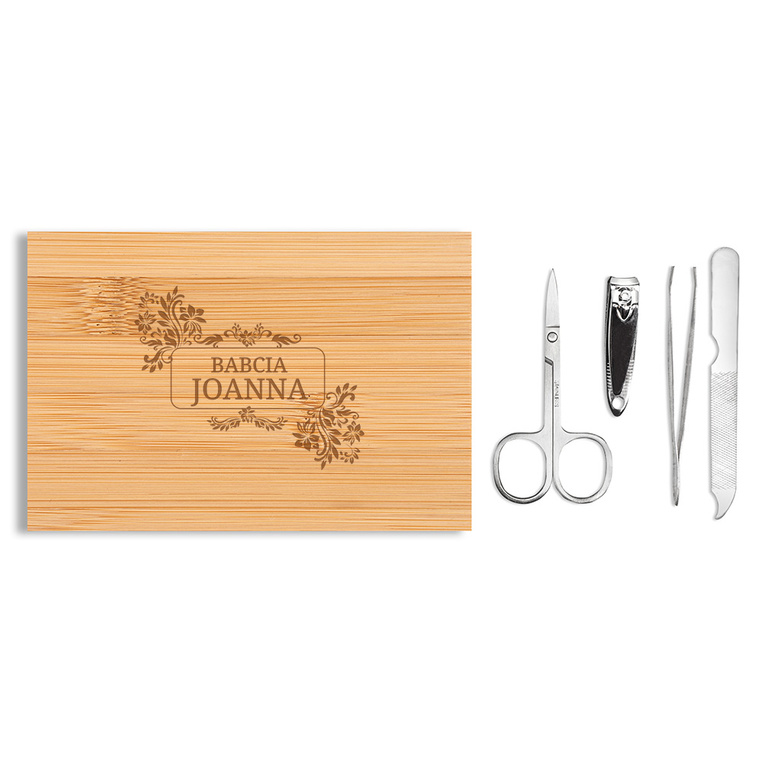 GRAWEROWANY zestaw do manicure w bambusowym etui NA PREZENT DLA BABCI
