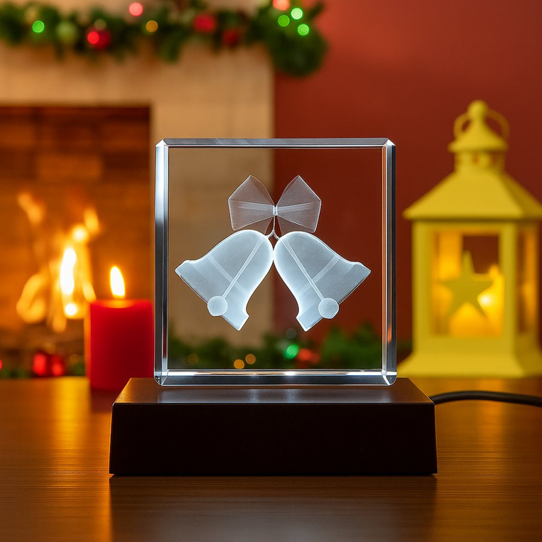 Statuetka szklana 3D z grawerem świątecznych dzwonków – fotolampka LED z personalizacją
