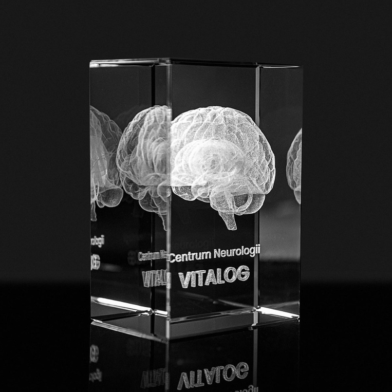 Statuetka szklana 3D Mózg z grawerem i podstawką LED – prezent dla lekarza lub neurologa
