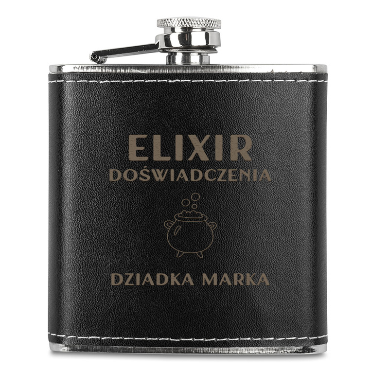 Piersiówka w skórze z grawerem ELIXIR DOŚWIADCZENIA DZIADKA + IMIĘ