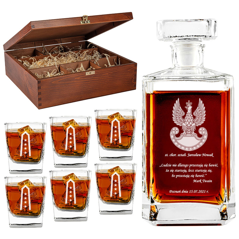 Grawerowany ZESTAW karafka i 6 szklanek w drewnianym pudełku DLA ŻOŁNIERZA