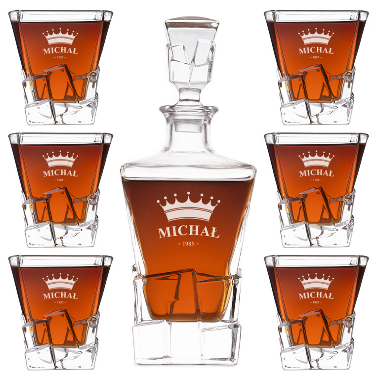 Zestaw Premium do whisky NA URODZINY z grawerem korony, imienia i rocznika