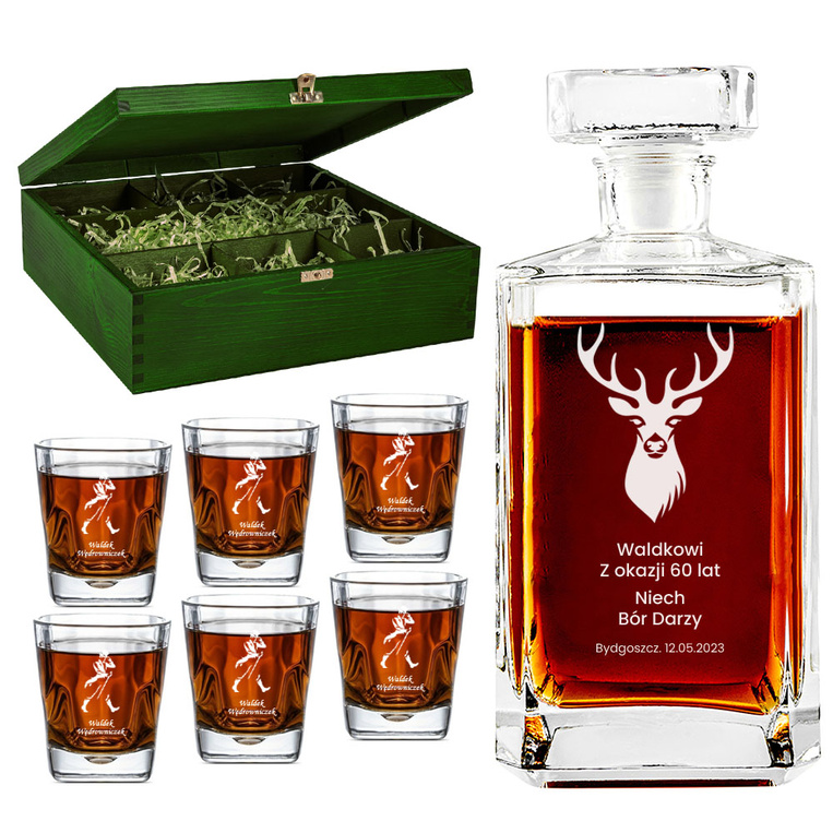PREZENT DLA MYŚLIWEGO - Karafka + 6 szklanek w zielonej skrzynce NA URODZINY