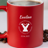Czerwony kubek z grawerem DLA ŚWIADKOWEJ – imię, data i dedykacja