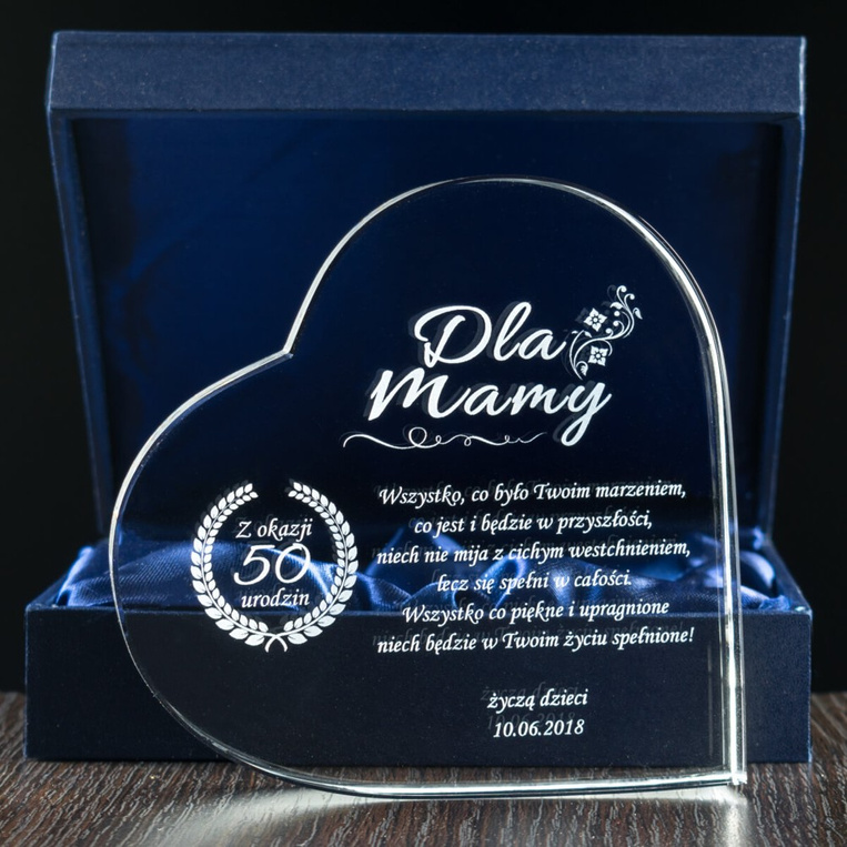 Kryształowe Serce na 50. Urodziny Mamy - Grawerowana Pamiątka