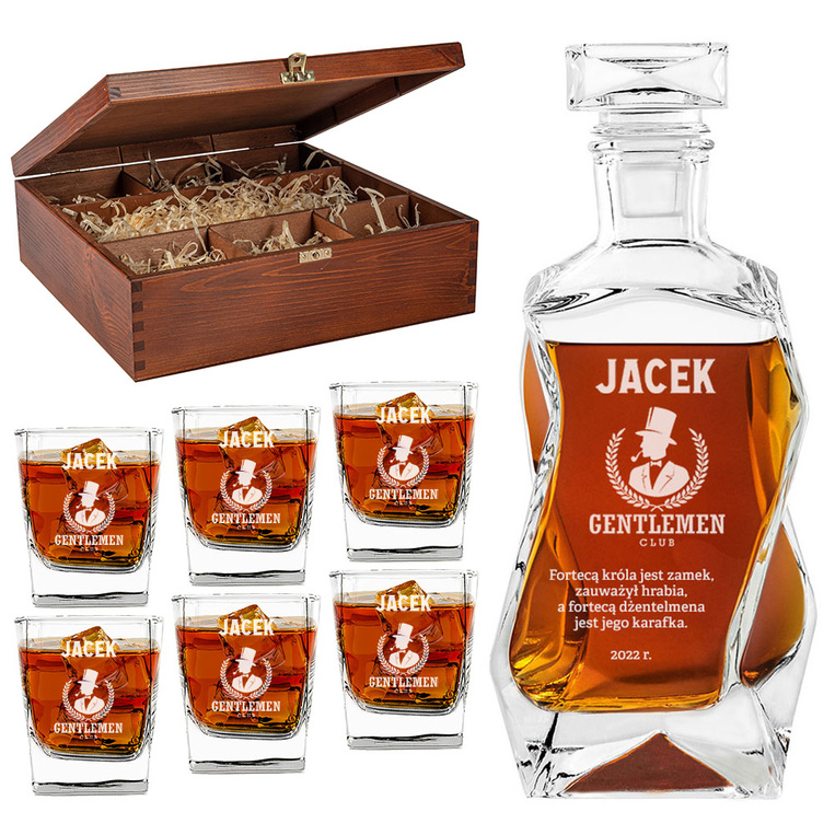 Komplet do whisky KARAFKA i 6 SZKLANEK DREWNIANA SKRZYNKA z twoim grawerem