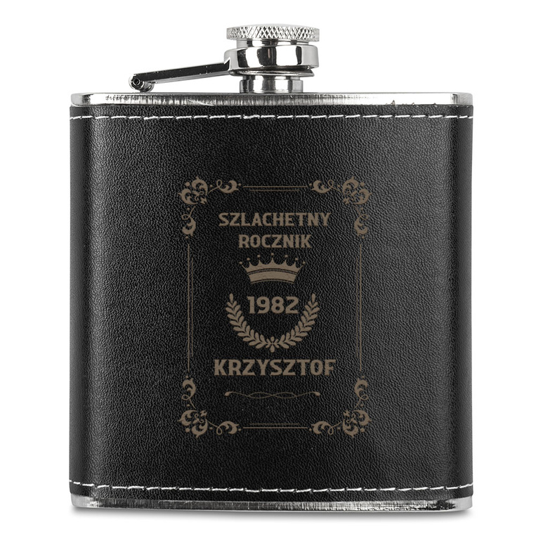 Piersiówka w skórze z grawerem SZLACHETNY ROCZNIK + IMIĘ