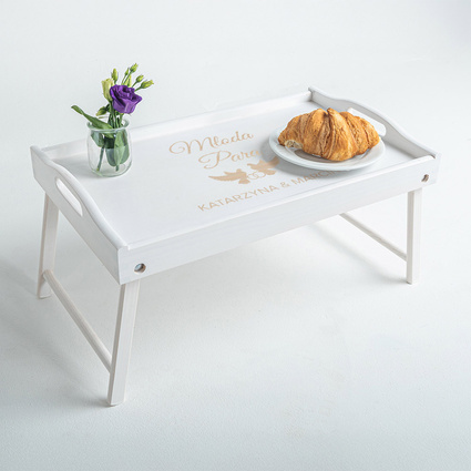 Grawerowany Stolik śniadaniowy biały PREZENT ŚLUBNY od znajomych