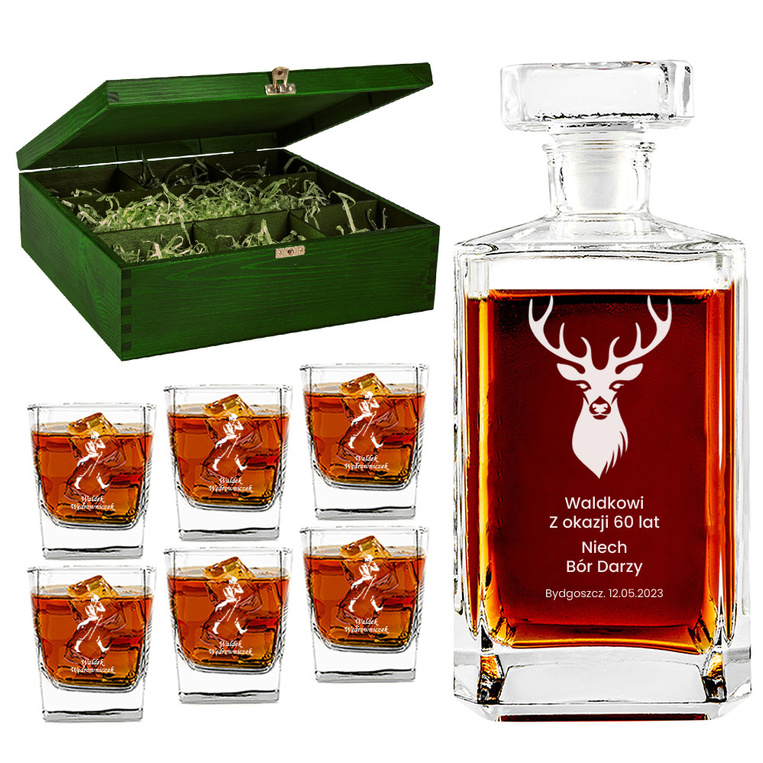PREZENT DLA MYŚLIWEGO - Karafka + 6 szklanek w zielonej skrzynce NA URODZINY