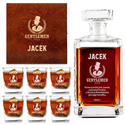 Zestaw z karafką i 6 szklankami w drewnianym etui DLA GENTLEMANA