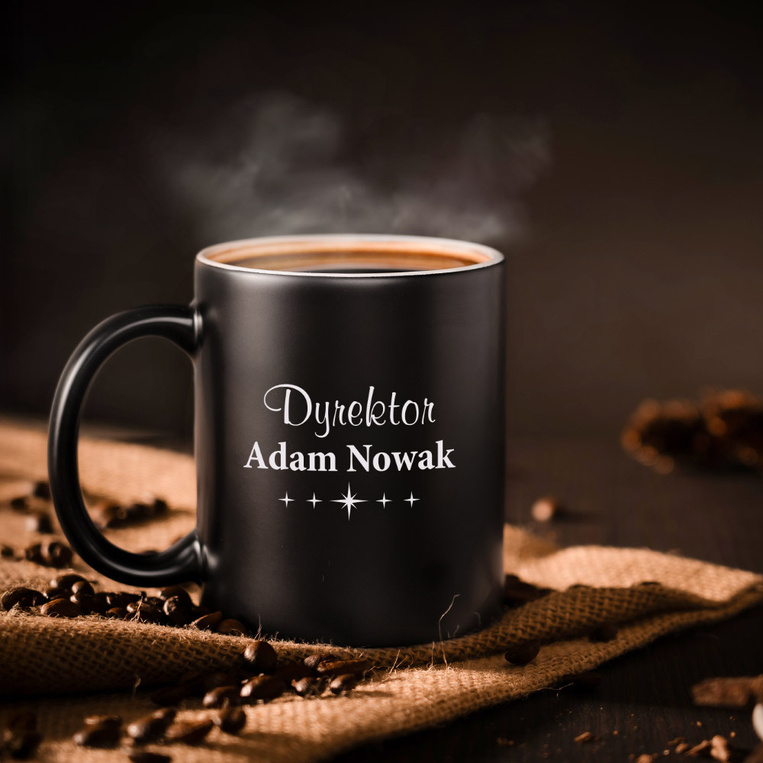 Czarny kubek z grawerem dla Dyrektora – personalizowany tekst