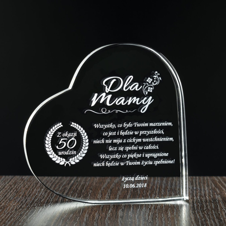 Kryształowe Serce na 50. Urodziny Mamy - Grawerowana Pamiątka