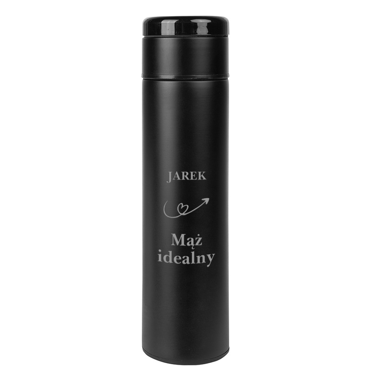 Personalizowana czarna butelka termiczna z grawerem IDEALNY MĄŻ + IMIĘ
