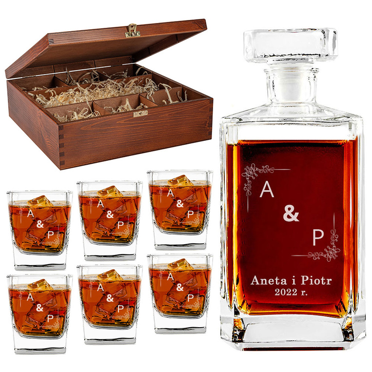 GRAWEROWANY KOMPLET karafka i 6 szklanek w drenianym etui NA ROCZNICĘ ŚLUBU