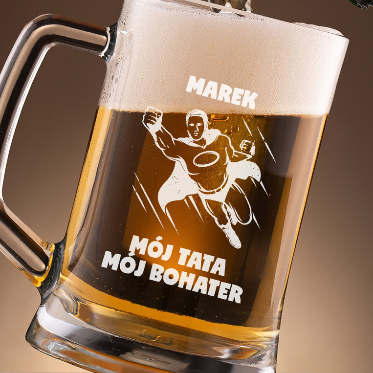Kufel do piwa z grawerem MÓJ TATA, MÓJ BOHATER + imię na prezent na DZIEŃ OJCA