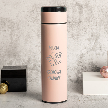 Personalizowana różowa butelka termiczna z grawerem "KRÓLOWA ZABAWY" + IMIĘ